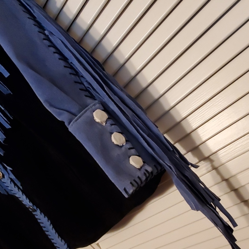 Bob Mackie Blue and Black Suede Fringe Western Jacket - Picture 4 of 10